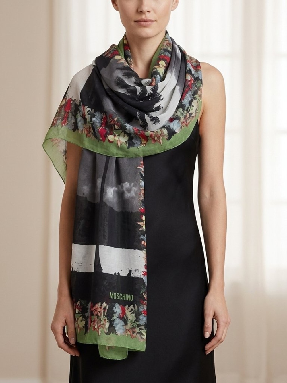 Moschino Palm Tree & Floral Silk Scarf in Green & Black/Navy